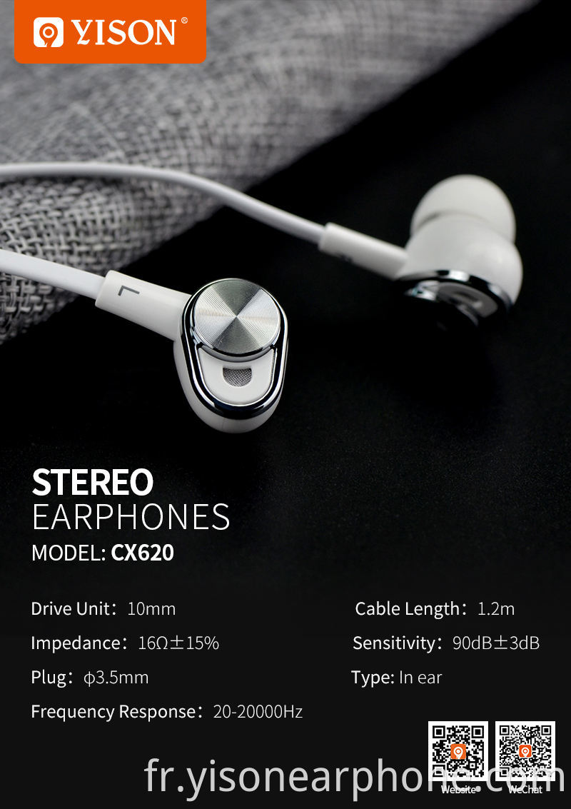 Yison CX620 modèle privé filaire dans les écouteurs auriculaires, portant des écouteurs filaires bon marché confortables dans le style de l'oreille
